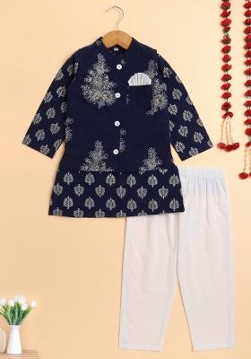 Navy Blue Printed Cotton Kurta Set With Jacket For Boys