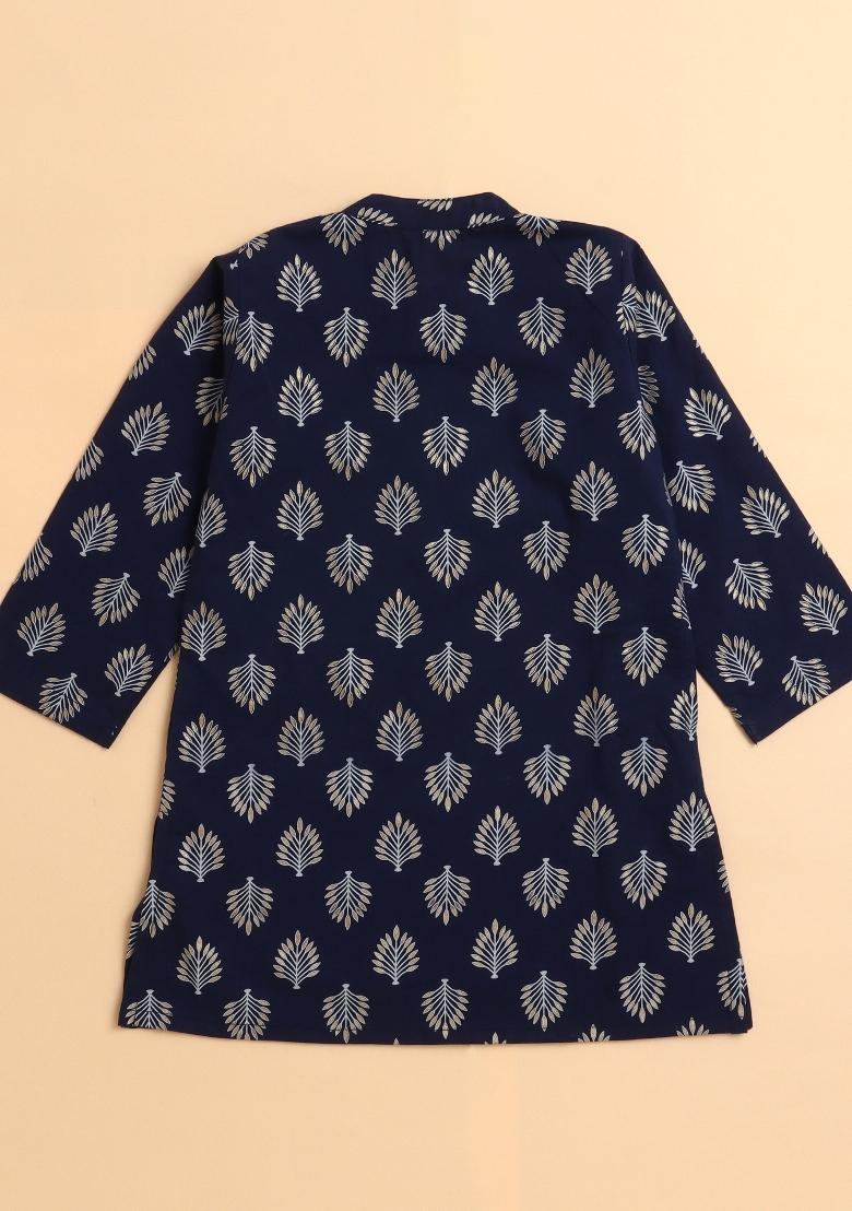 Navy Blue Printed Cotton Kurta Set With Jacket For Boys - Indya