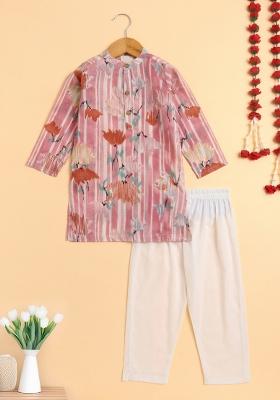 Pink Printed Cotton Kurta Set For Boys