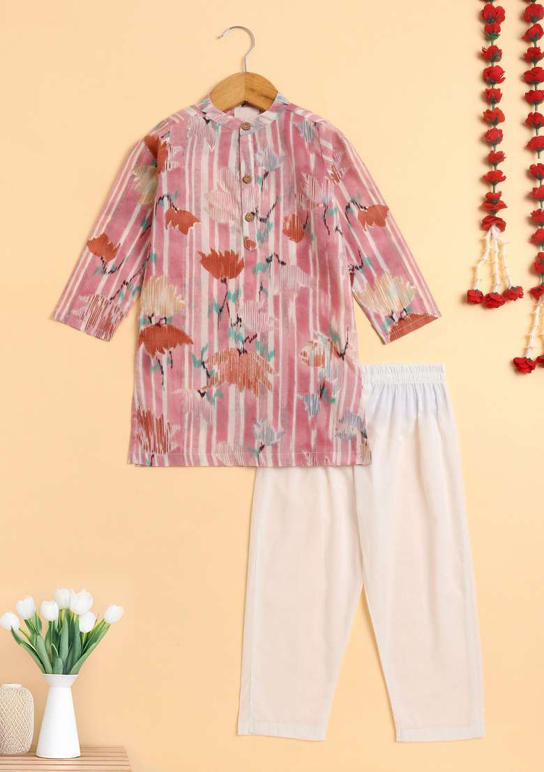 Pink Printed Cotton Kurta Set For Boys - Indya