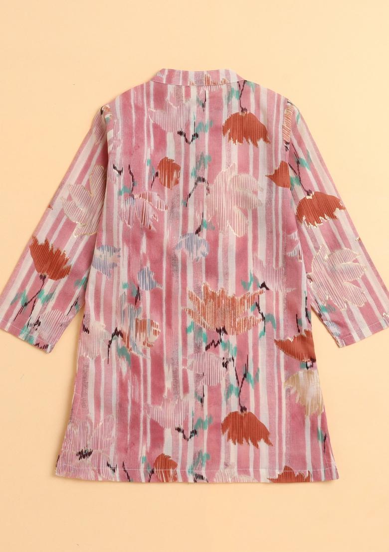 Pink Printed Cotton Kurta Set For Boys - Indya