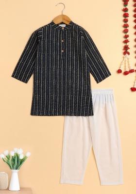Navy Blue Printed Cotton Kurta Set For Boys