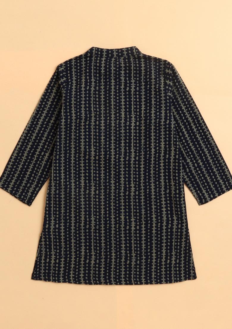 Navy Blue Printed Cotton Kurta Set For Boys - Indya