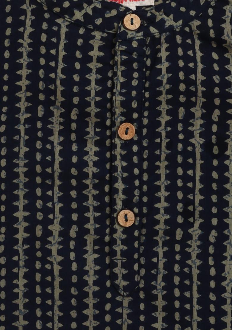Navy Blue Printed Cotton Kurta Set For Boys - Indya