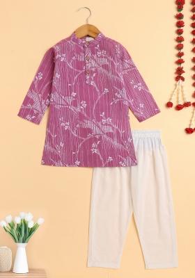 Pink Printed Cotton Kurta Set For Boys