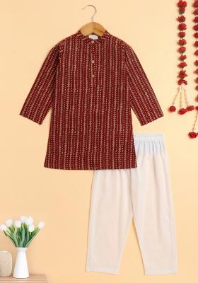 Maroon Printed Cotton Kurta Set For Boys