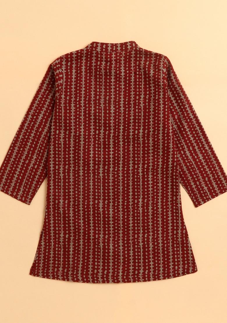 Maroon Printed Cotton Kurta Set For Boys - Indya
