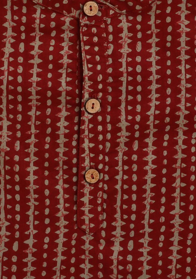 Maroon Printed Cotton Kurta Set For Boys - Indya