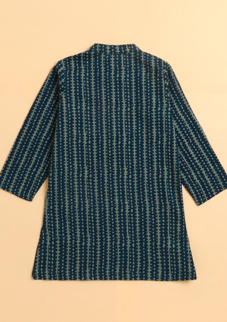 Teal Blue Printed Cotton Kurta Set For Boys - Indya