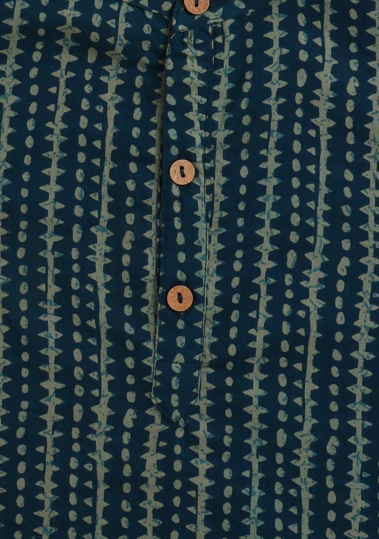 Teal Blue Printed Cotton Kurta Set For Boys - Indya