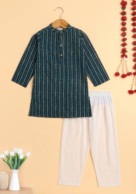 Teal Blue Printed Cotton Kurta Set For Boys