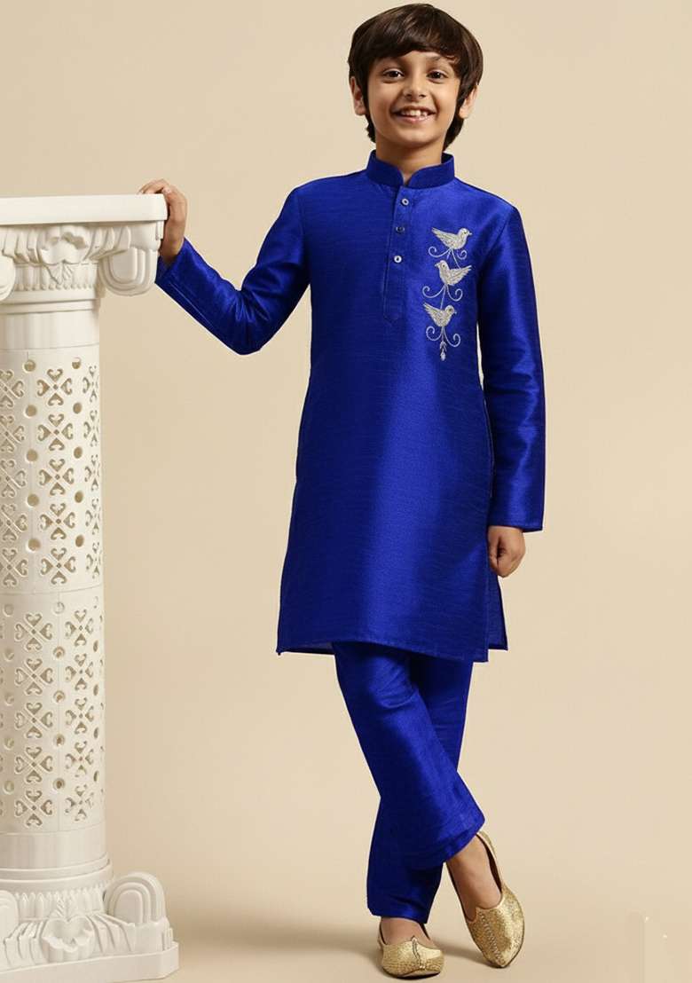 Royal Blue Embroidery Silk Kurta Set - Indya