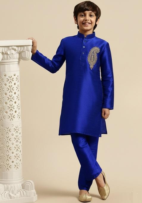 Royal Blue Embroidery Silk Kurta Set