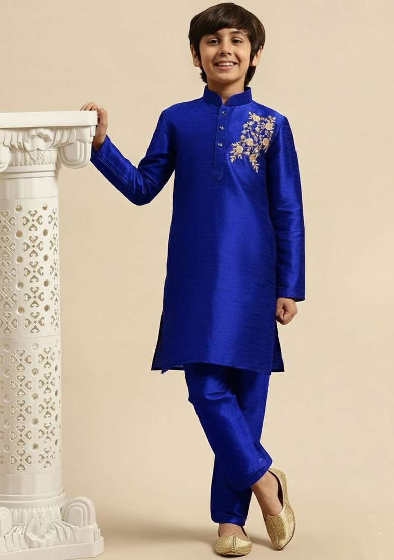 Royal Blue Embroidery Silk Kurta Set - Indya