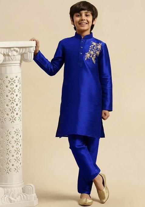 Royal Blue Embroidery Silk Kurta Set