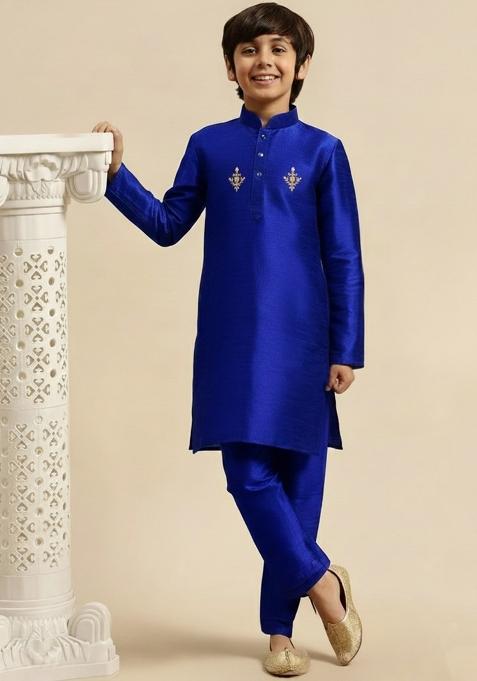 Royal Blue Embroidery Silk Kurta Set