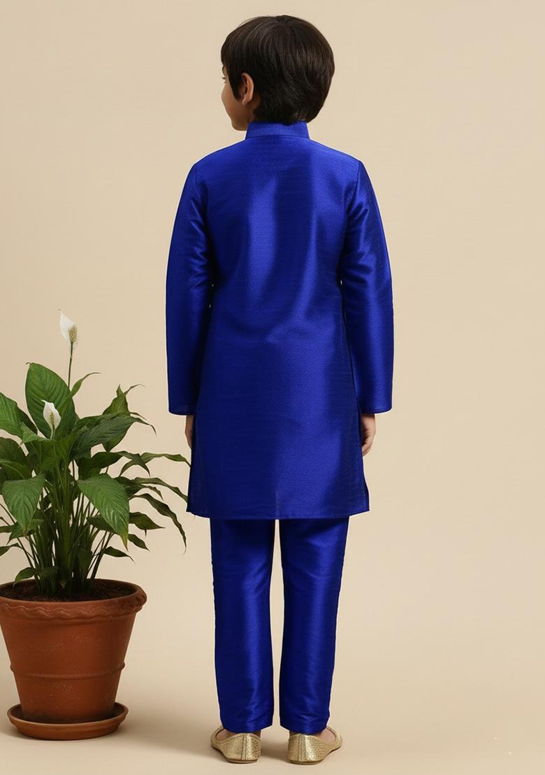 Royal Blue Embroidery Silk Kurta Set - Indya