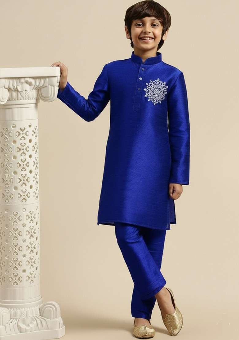 Royal Blue Embroidery Silk Kurta Set - Indya