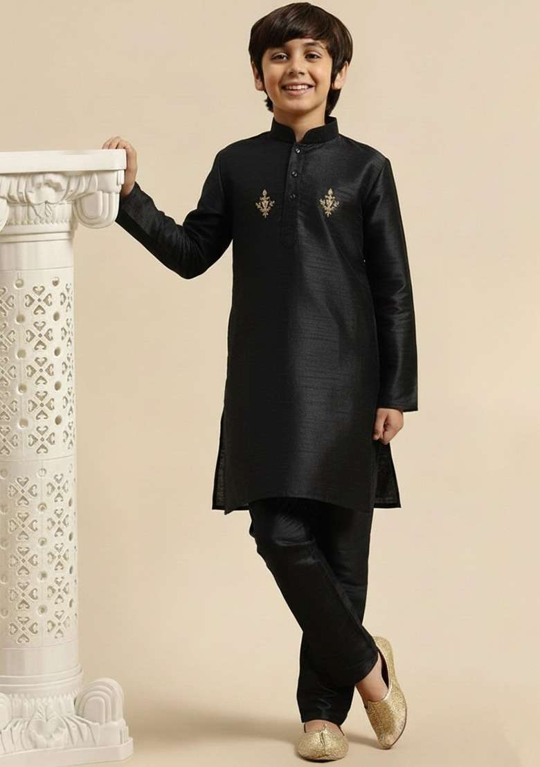 Black Embroidery Silk Kurta Set - Indya