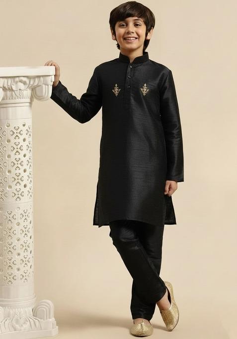 Black Embroidery Silk Kurta Set