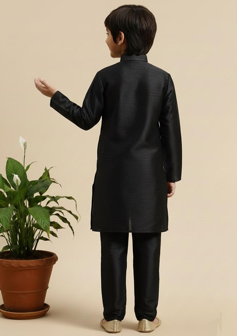 Black Embroidery Silk Kurta Set - Indya