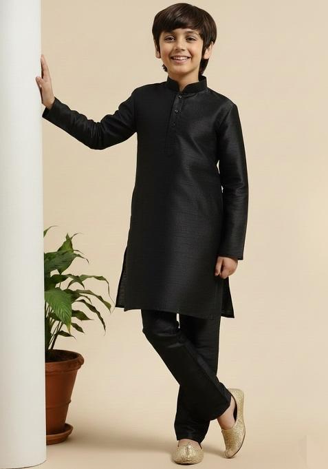 Black Embroidery Silk Kurta Set