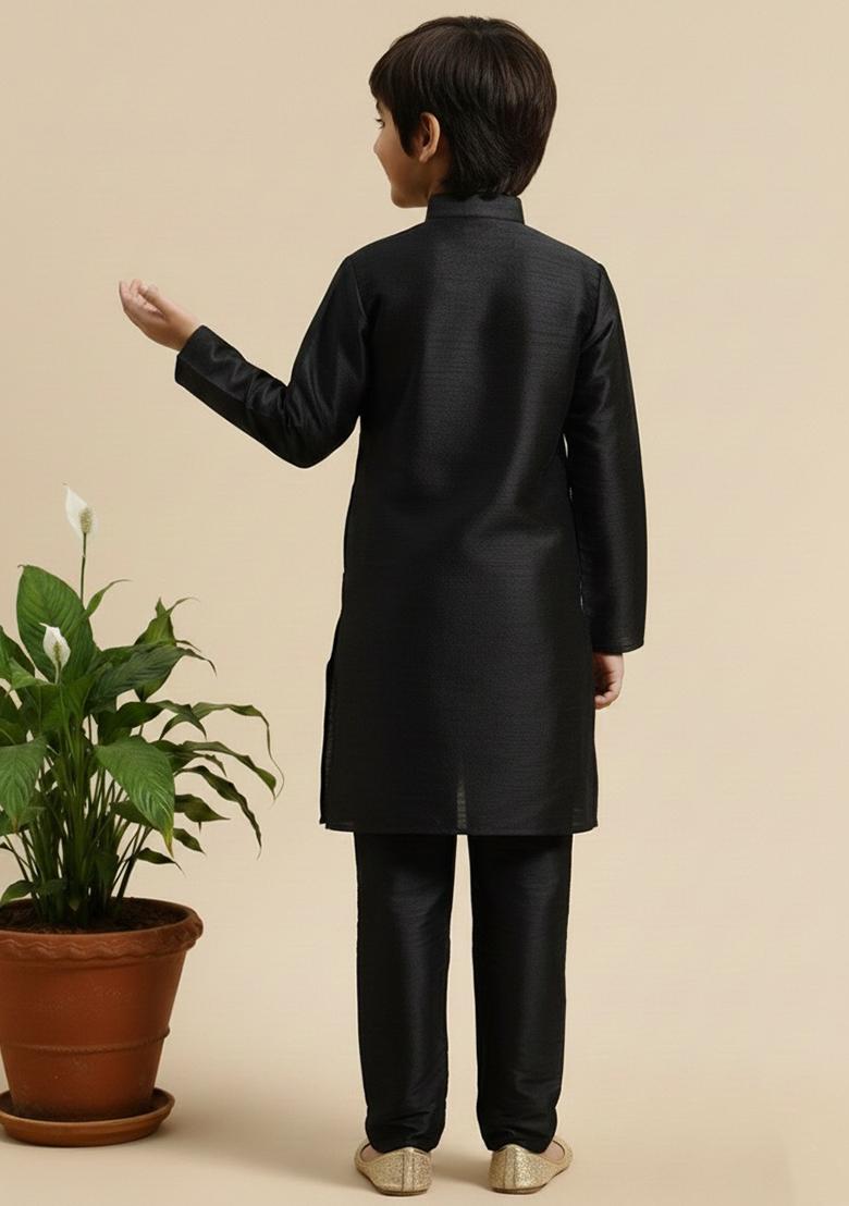 Black Embroidery Silk Kurta Set - Indya