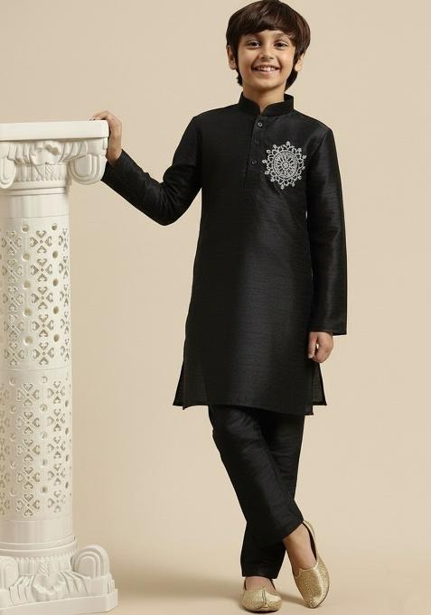 Black Embroidery Silk Kurta Set