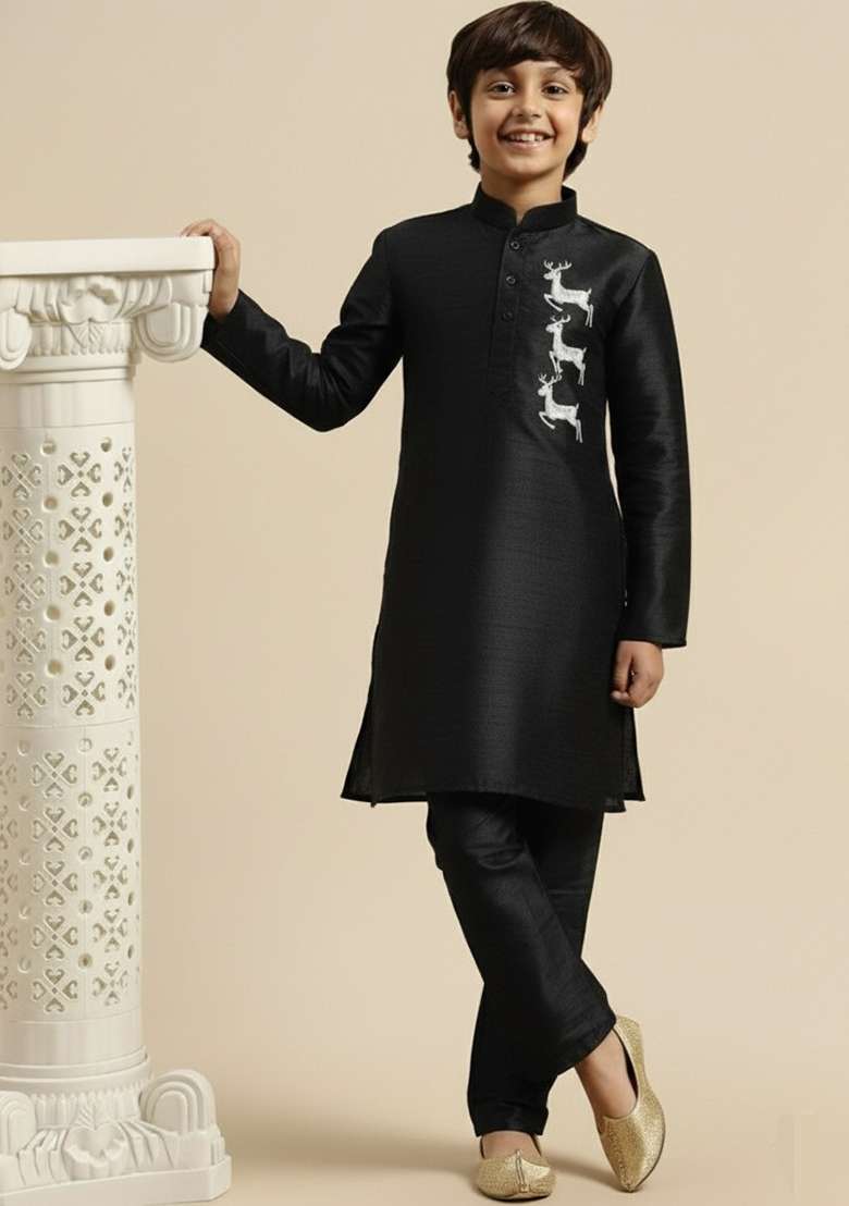 Black Embroidery Silk Kurta Set - Indya