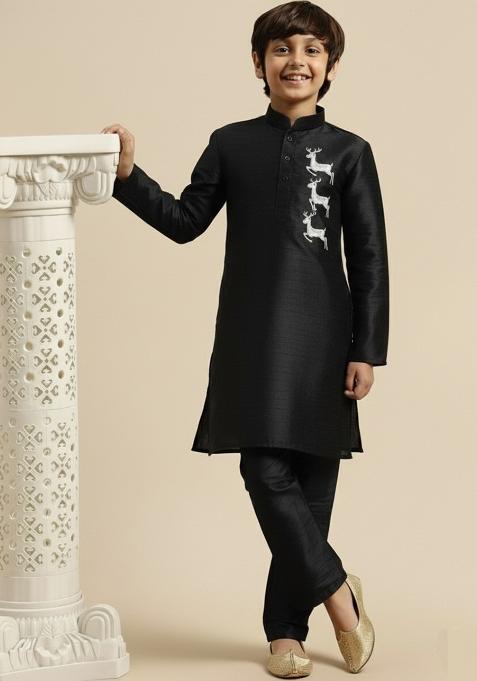 Black Embroidery Silk Kurta Set