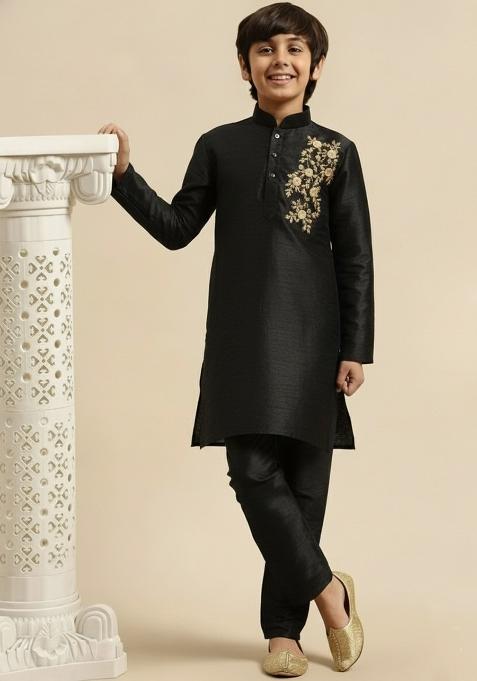 Black Embroidery Silk Kurta Set
