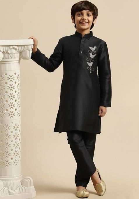 Black Embroidery Silk Kurta Set