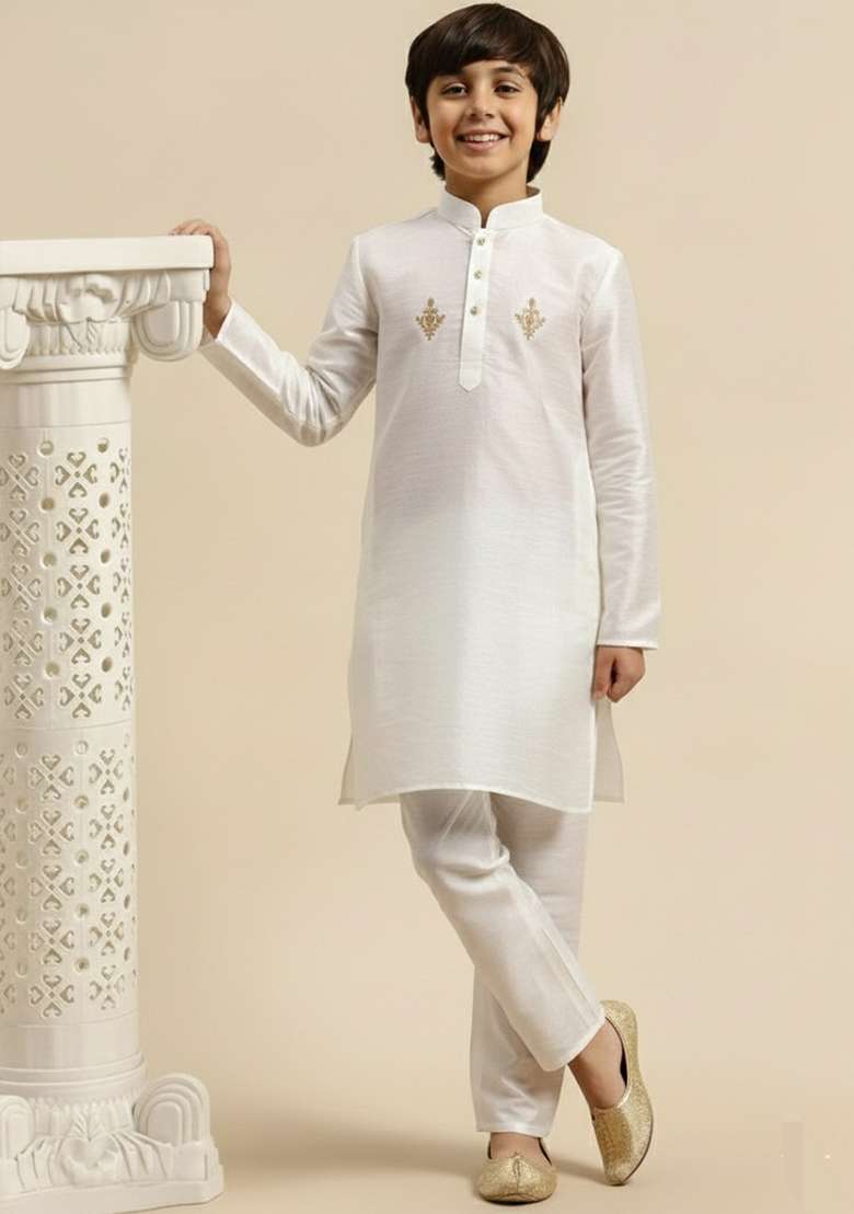 White Embroidery Silk Kurta Set - Indya