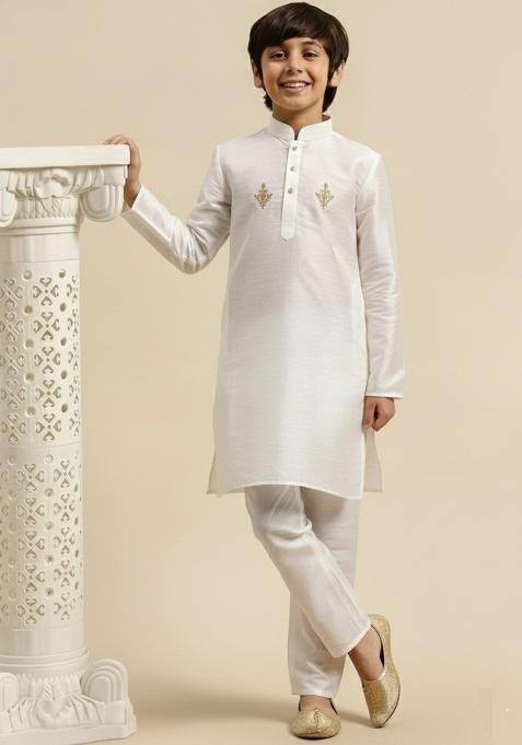 White Embroidery Silk Kurta Set