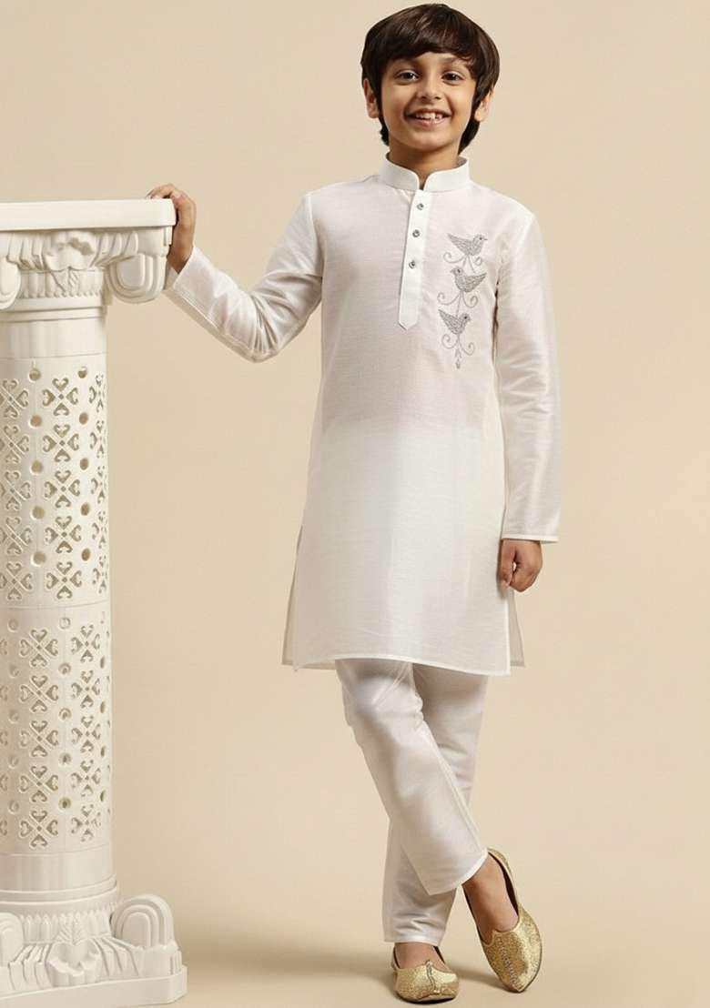 White Embroidery Silk Kurta Set - Indya