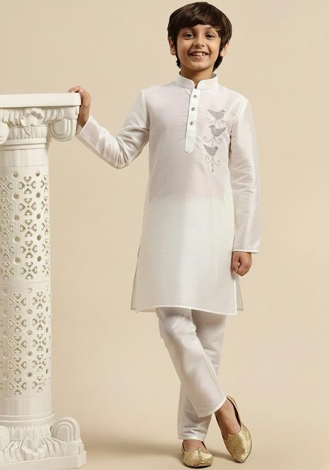 White Embroidery Silk Kurta Set