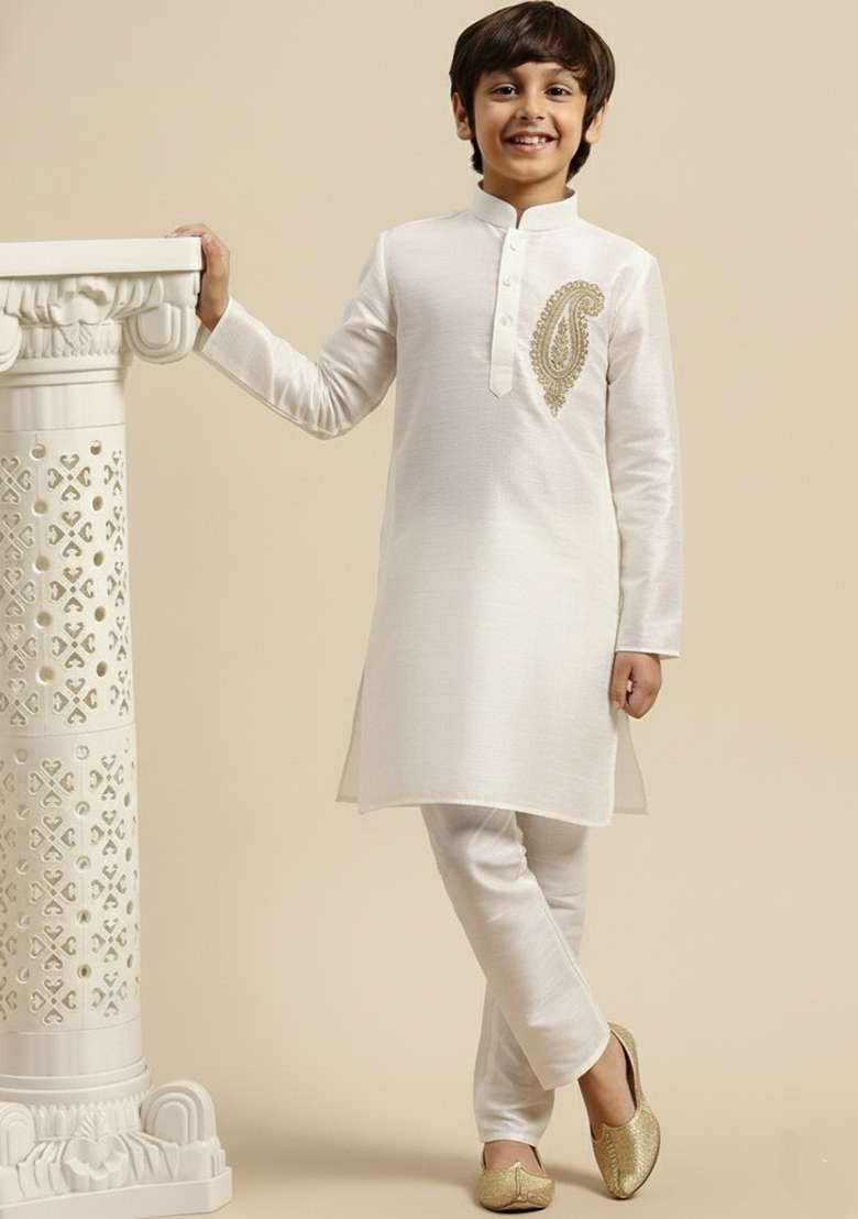 White Embroidery Silk Kurta Set - Indya