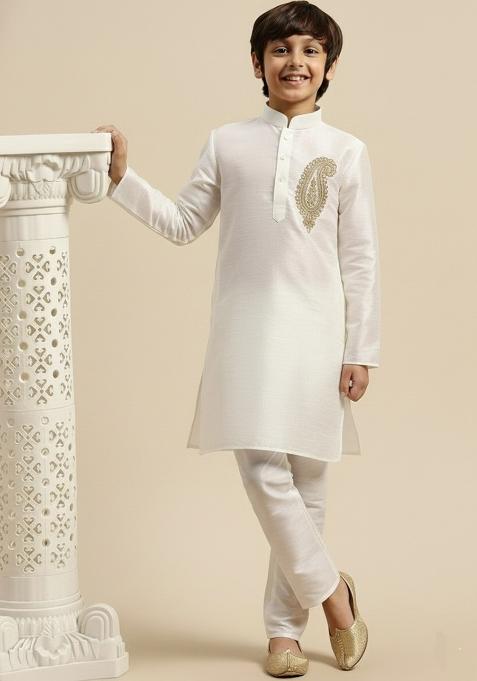 White Embroidery Silk Kurta Set