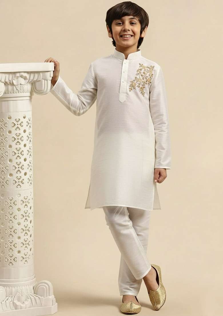 White Embroidery Silk Kurta Set - Indya