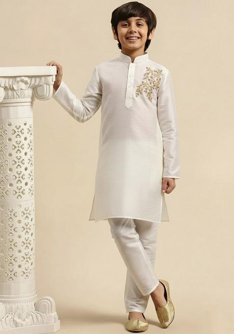 White Embroidery Silk Kurta Set