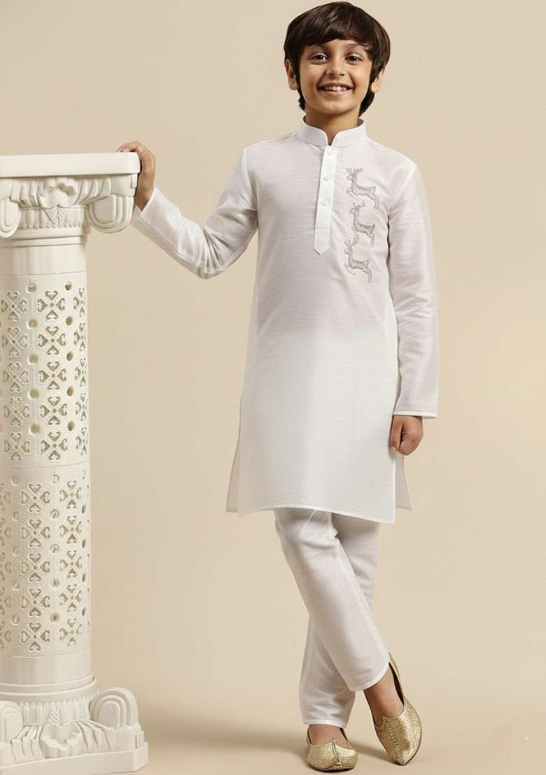 White Embroidery Silk Kurta Set - Indya