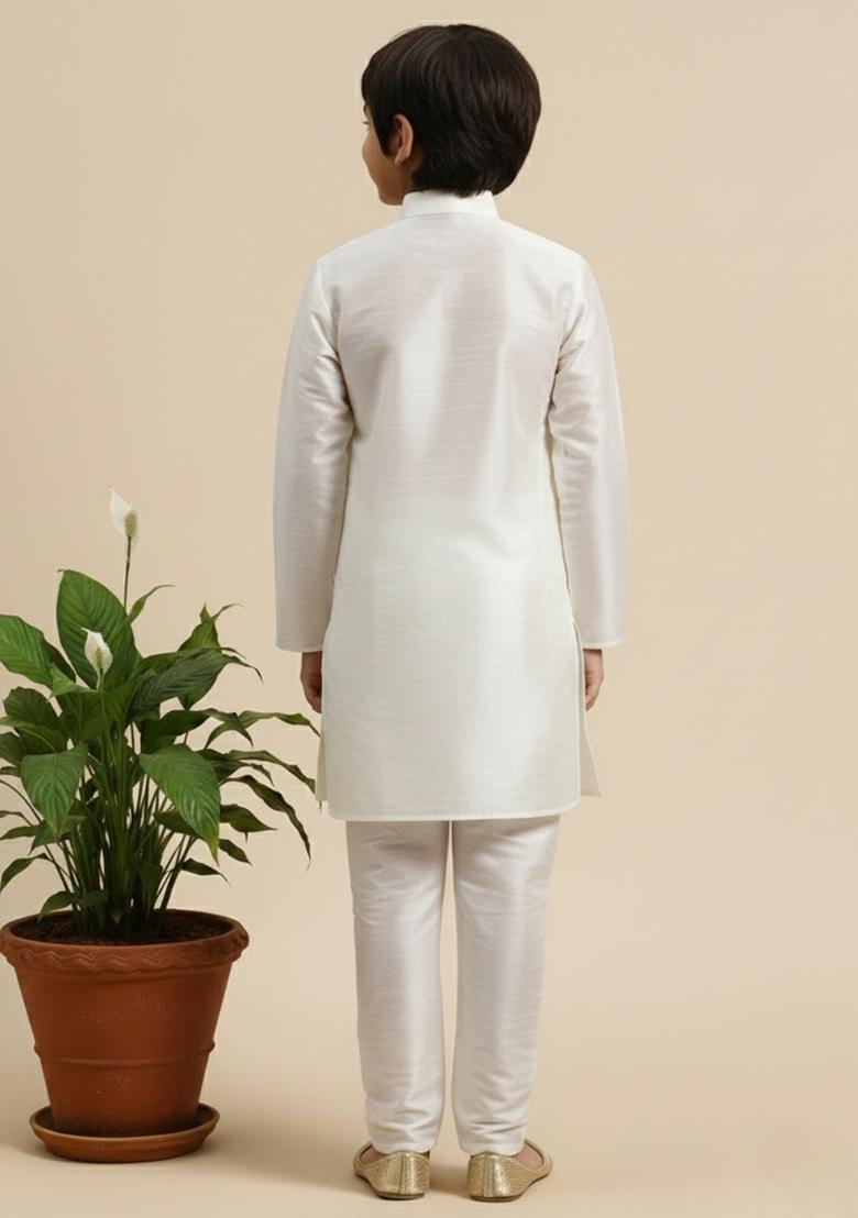White Embroidery Silk Kurta Set - Indya