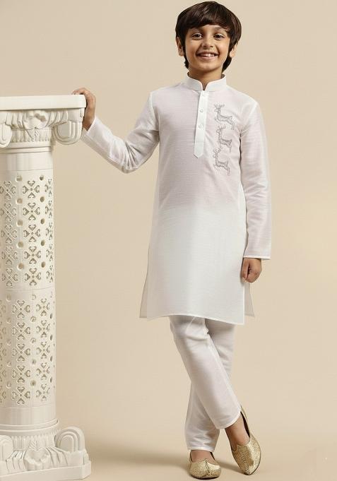 White Embroidery Silk Kurta Set