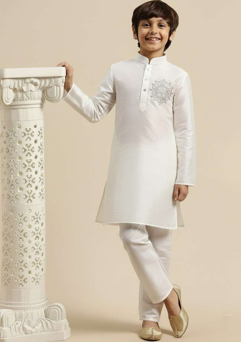 White Embroidery Silk Kurta Set - Indya