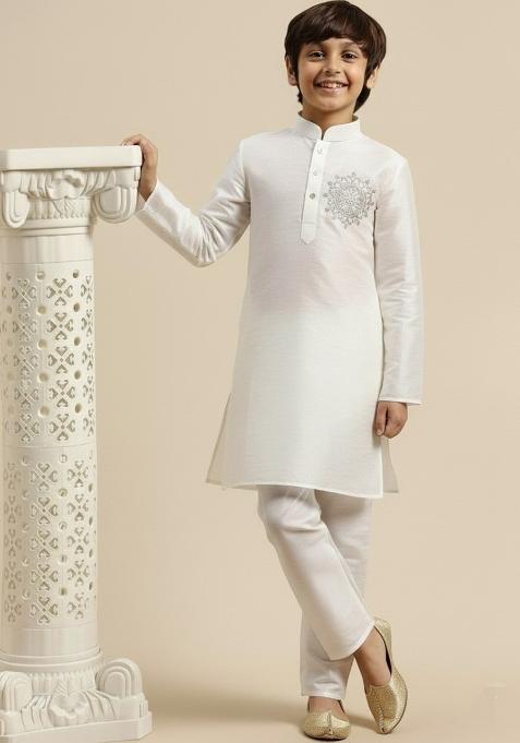White Embroidery Silk Kurta Set