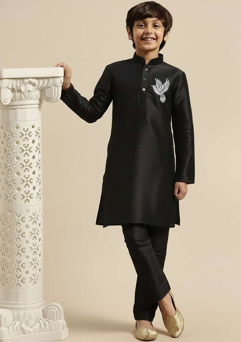 Black Embroidery Silk Kurta Set - Indya