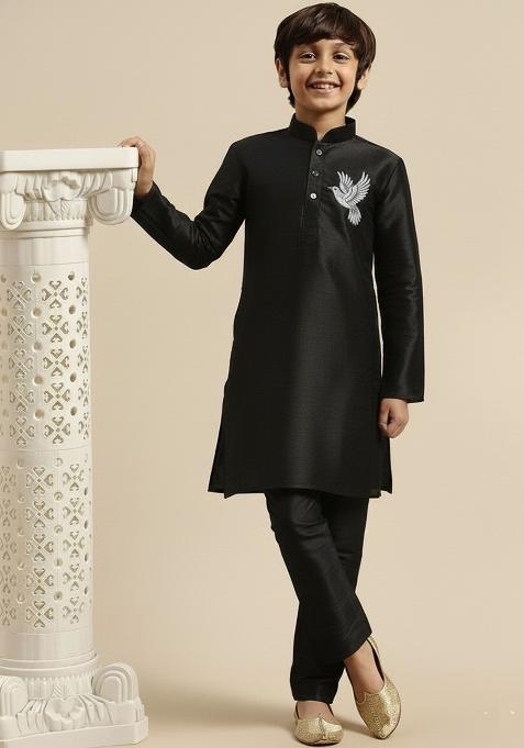 Black Embroidery Silk Kurta Set