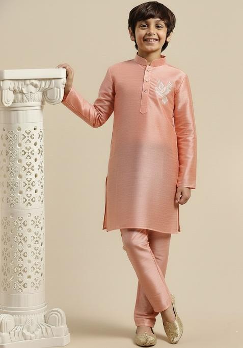 Peach Embroidery Cotton Kurta Set