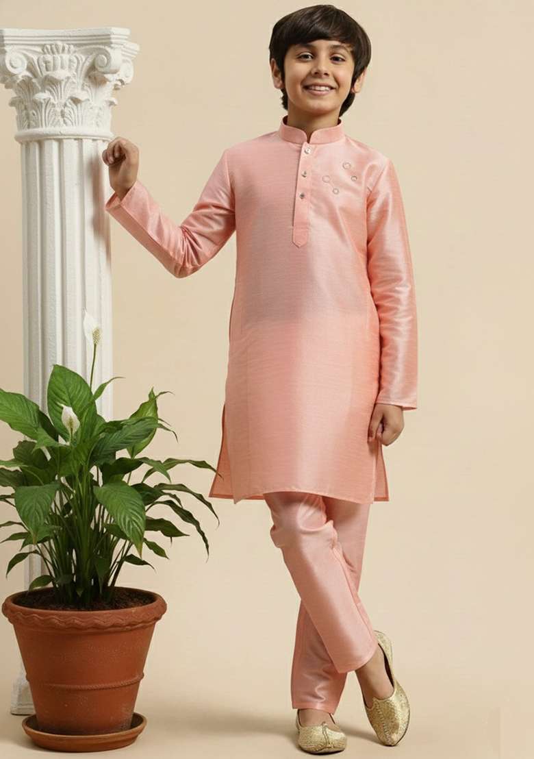 Peach Embroidery Silk Kurta Set - Indya