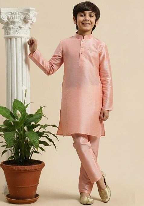 Peach Embroidery Silk Kurta Set